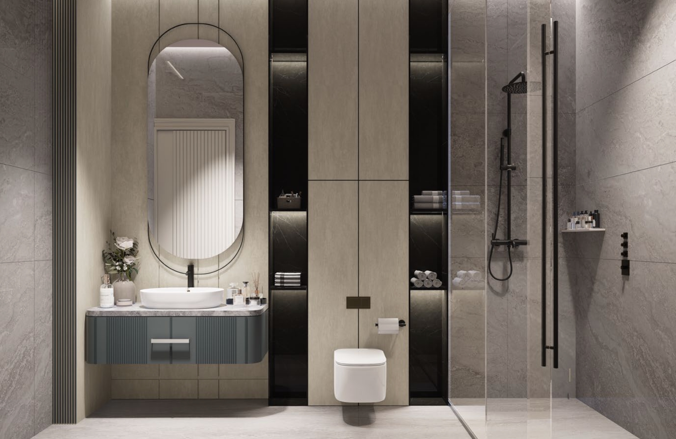 Salle de bain spa Ocean Crest - Design luxueux marbre éclairage ambiance douche italienne