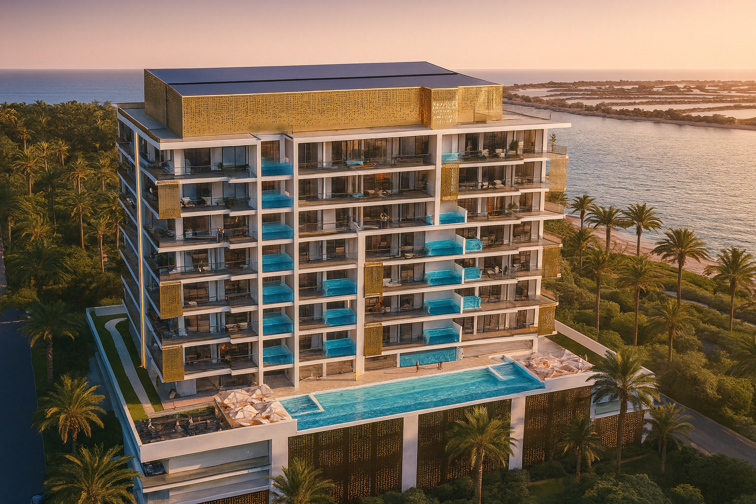 Ocean Crest by Samana Dubai Islands - Vue aérienne au coucher du soleil avec piscines privées sur chaque balcon