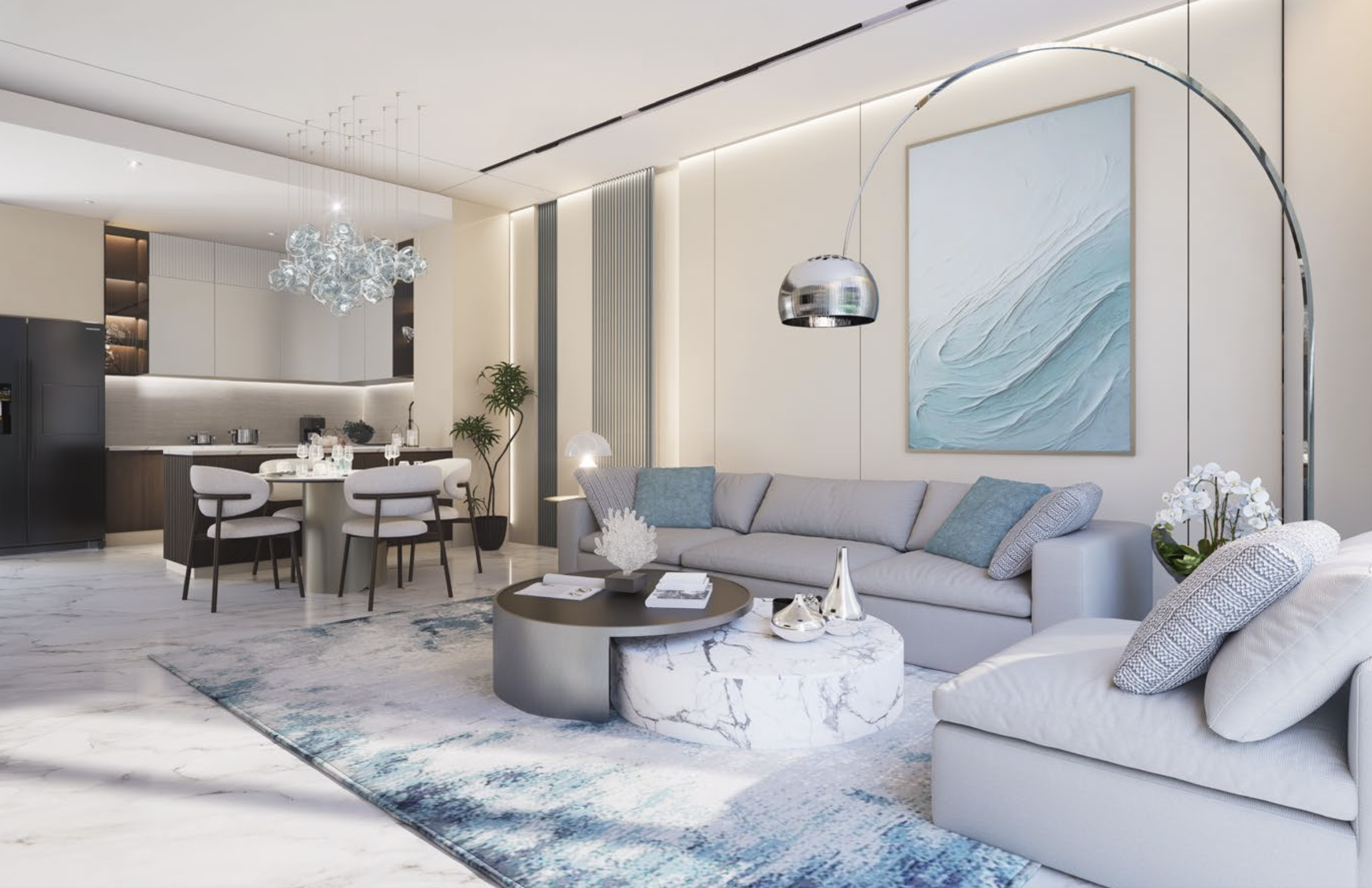 Intérieur luxueux Ocean Crest - Salon moderne avec design inspiré océan et finitions premium