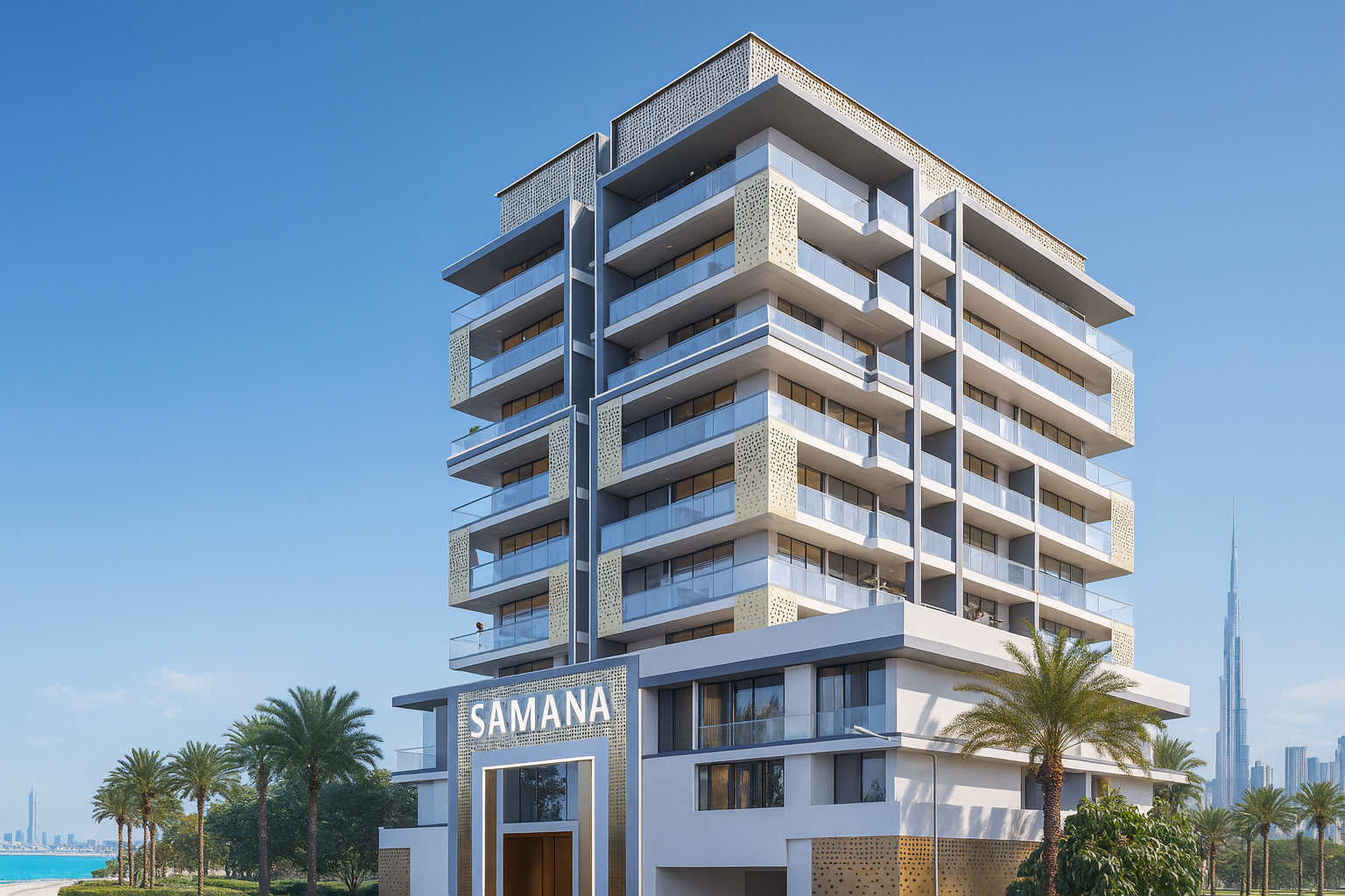 Ocean Crest Samana - Vue angle architecture moderne balcons piscines privées Dubai Islands