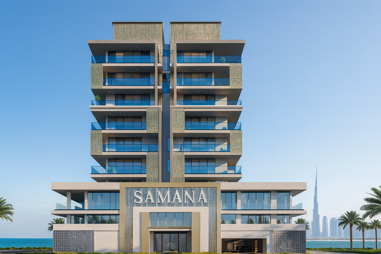 Ocean Crest Dubai Islands - Vue frontale façade avec logo Samana et skyline Dubai Burj Khalifa