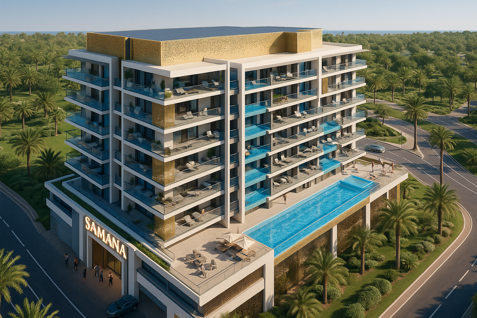 Ocean Crest Dubai - Vue aérienne jour aménagement paysager piscine infinity palmiers